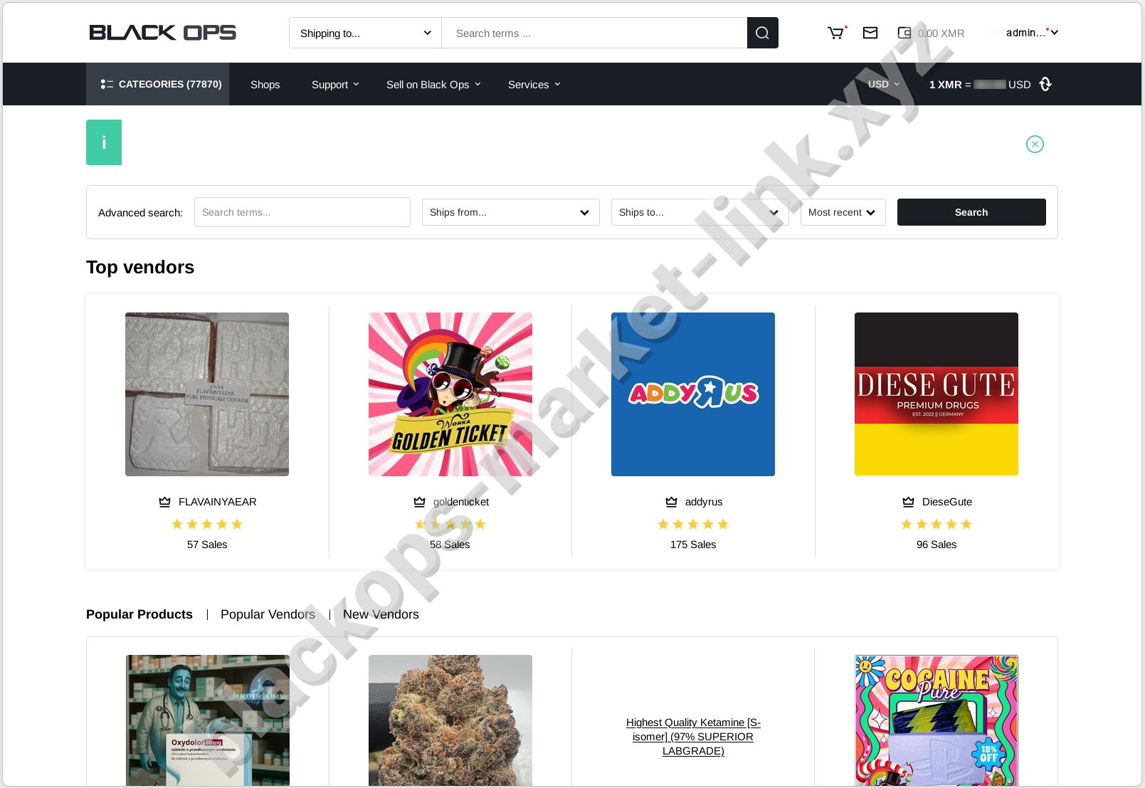 BlackOps authenticated dashboard — modern darknet market interface 2026